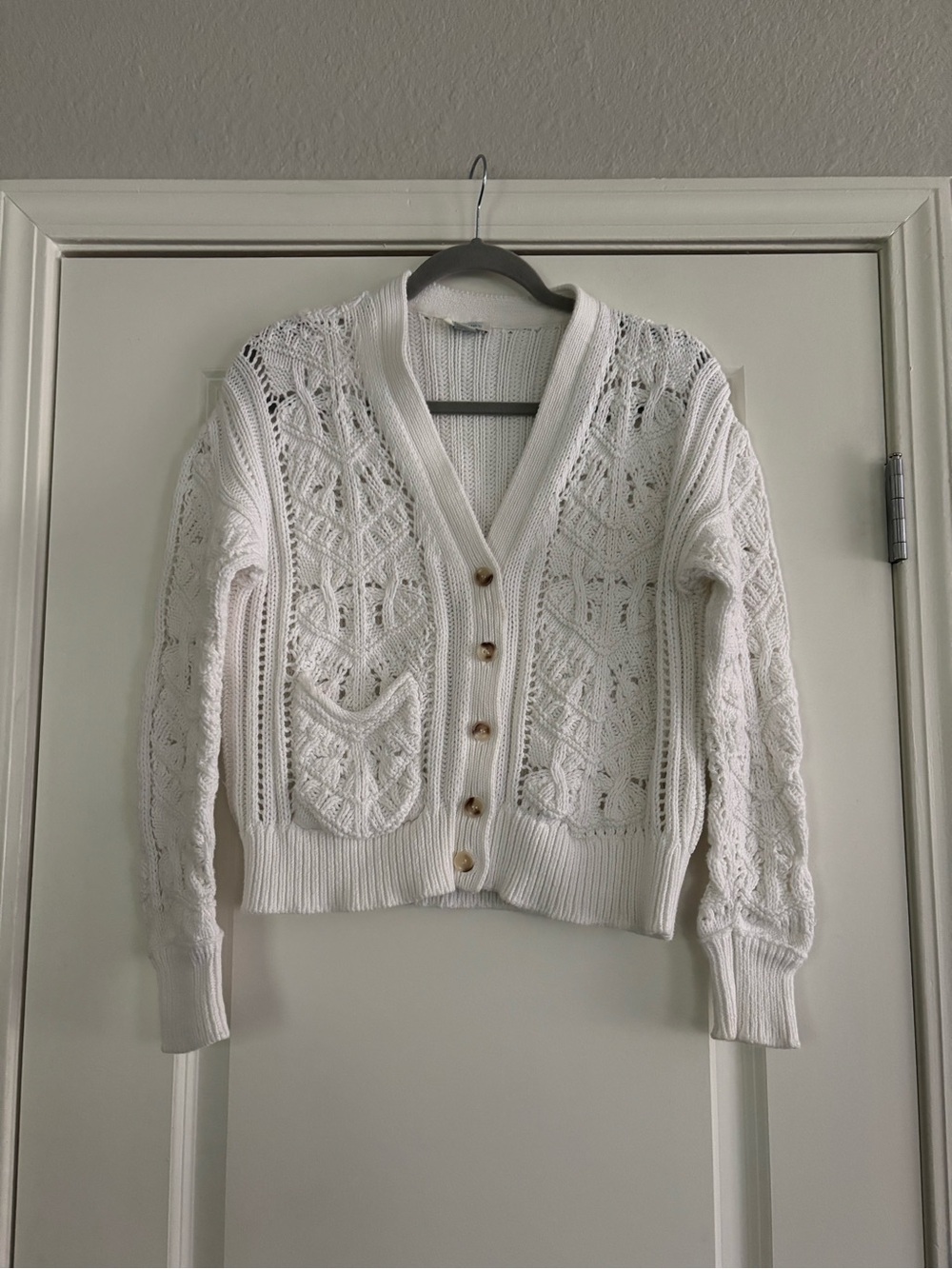 Sundance White Open-Knit Button Front Cardigan 100% Cotton, Womens Size Small